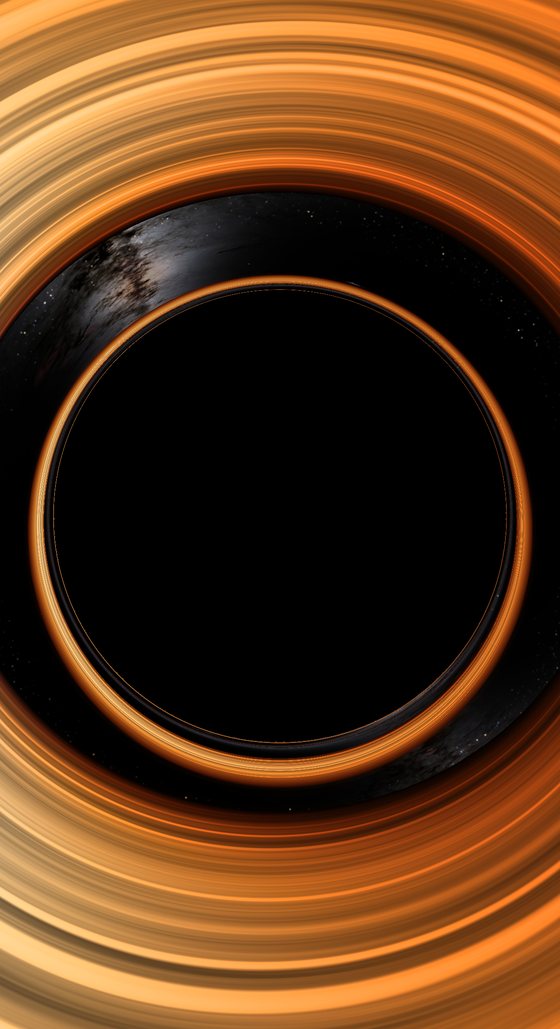 Cygnus X-1 in the app at 10 Schwarzschild radii: the black shadow, the orange disc of gas, and the Milky Way bent around the hole