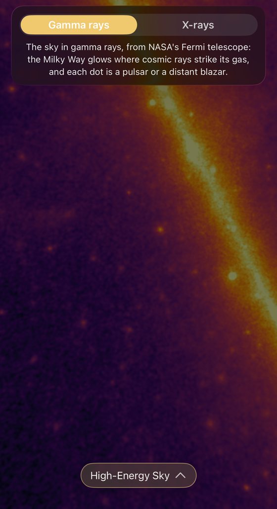 The High-Energy Sky in the app: the Milky Way in gamma rays, with the Gamma rays and X-rays switch